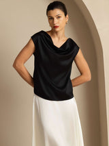 [أسود] SilkSilky-SA Cap Sleeve Cowl Neck تي شيرت نسائية 005