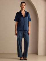 [أزرق غامق] SilkSilky-SA Short Sleeve Notch Collar بلايز نسائية 006