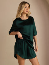 [أخضر غامق] SilkSilky-SA Short Sleeve Round Neck طقم بيجامة نسائي 006