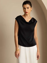 [أسود] SilkSilky-SA Cap Sleeve Cowl Neck تي شيرت نسائية 001