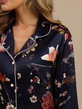 [زهري كحلي] SilkSilky-SA Long Sleeve Lapel Collar طقم بيجامة نسائي 006