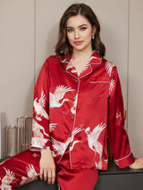 [احمر غامق] SilkSilky-SA Long Sleeve Lapel Collar طقم بيجامة نسائي 005