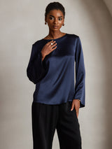 [أزرق غامق] SilkSilky-SA Long Sleeve Boat Neck بلوزة 003