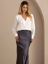 [أبيض] SilkSilky-SA Long Sleeve Deep V Neck بلوزات نسائية 003