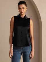 [أسود] SilkSilky-SA Sleeveless Lapel Collar بلايز نسائية 003