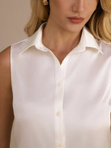 [أبيض] SilkSilky-SA Sleeveless Lapel Collar بلايز نسائية 004