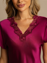 [خمر] SilkSilky-SA Short Sleeve V Neck باس النوم 004
