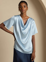 [أزرق رمادي] SilkSilky-SA Short Sleeve Cowl Neck بلوزات نسائية 001
