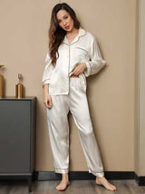 [أبيض] SilkSilky-SA Long Sleeve Lapel Collar طقم بيجامة نسائي 004