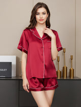 [خمر] SilkSilky-SA Short Sleeve Lapel Collar طقم بيجامة نسائي 001