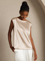 [اللون البيج] SilkSilky-SA Cap Sleeve Round Neck تي شيرت نسائية 006
