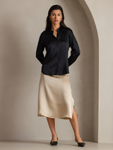 [أسود] SilkSilky-SA Long Sleeve Lapel Collar بلايز نسائية 006