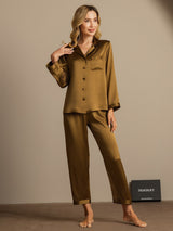 [بني] SilkSilky-SA Long Sleeve Lapel Collar طقم بيجامة نسائي 005