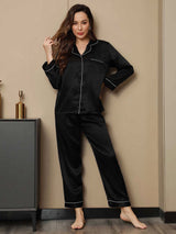 [أسود] SilkSilky-SA Long Sleeve Lapel Collar طقم بيجامة نسائي 003