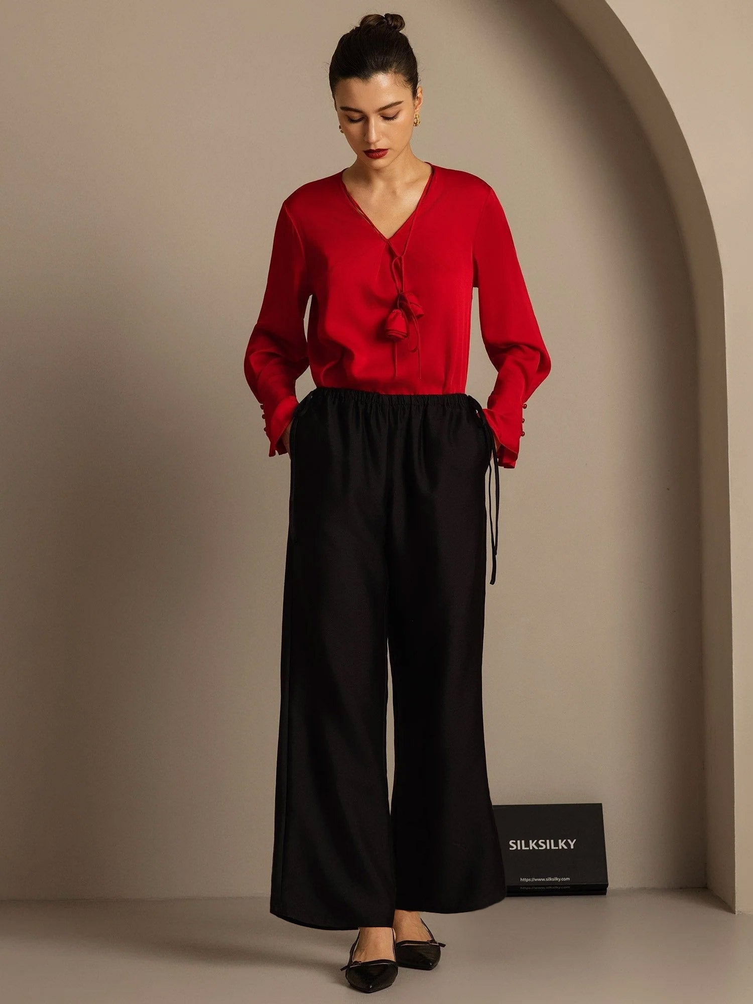 [أسود] SilkSilky-SA 32Momme الحرير Womens Pants 005,