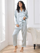 [أزرق فاتح] SilkSilky-SA Long Sleeve Lapel Collar طقم بيجامة نسائي 004