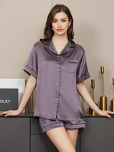 [رمادي أرجواني] SilkSilky-SA Short Sleeve Lapel Collar طقم بيجامة نسائي 003