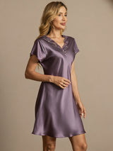 [رمادي أرجواني] SilkSilky-SA Short Sleeve V Neck باس النوم 001