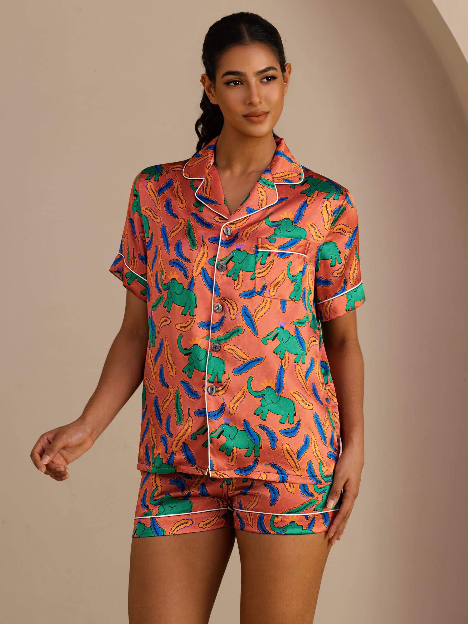 [فيل صلصالي] SilkSilky-SA Short Sleeve Lapel Collar طقم بيجامة نسائي 001