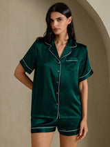 [أخضر غامق] SilkSilky-SA Short Sleeve Lapel Collar طقم بيجامة نسائي 006