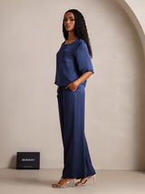 [أزرق غامق] SilkSilky-SA Half Sleeve Round Neck طقم بيجامة نسائي 004
