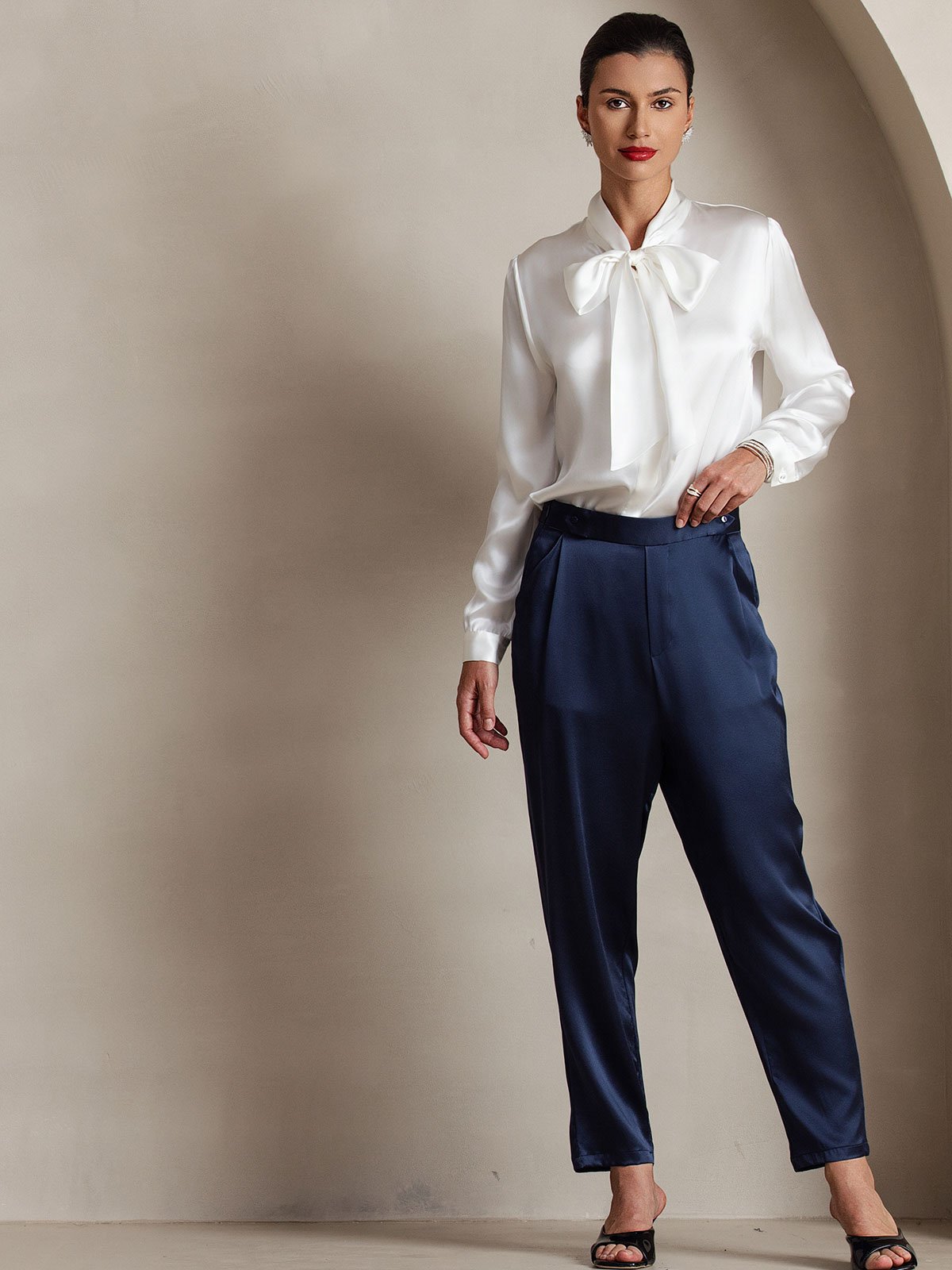 [أبيض] SilkSilky-SA 19Momme الحرير الأكمام الطويلة Blouse 003