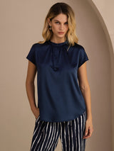 [أزرق غامق] SilkSilky-SA Short Sleeve Split بلوزات نسائية 003