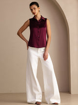 [احمر غامق] SilkSilky-SA Sleeveless Lapel Collar بلايز نسائية 006