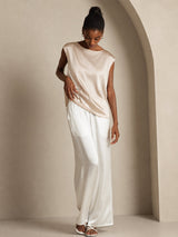 [اللون البيج] SilkSilky-SA Cap Sleeve Round Neck تي شيرت نسائية 006
