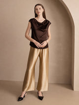 [شوكولاتة داكنة] SilkSilky-SA Cap Sleeve Cowl Neck تي شيرت نسائية 004
