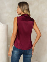 [احمر غامق] SilkSilky-SA Sleeveless Lapel Collar بلايز نسائية 002