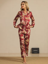 [تنين بلون النبيذ] SilkSilky-SA Long Sleeve Lapel Collar طقم بيجامة نسائي 006