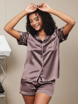 [قهوة] SilkSilky-SA Short Sleeve Lapel Collar طقم بيجامة نسائي 002