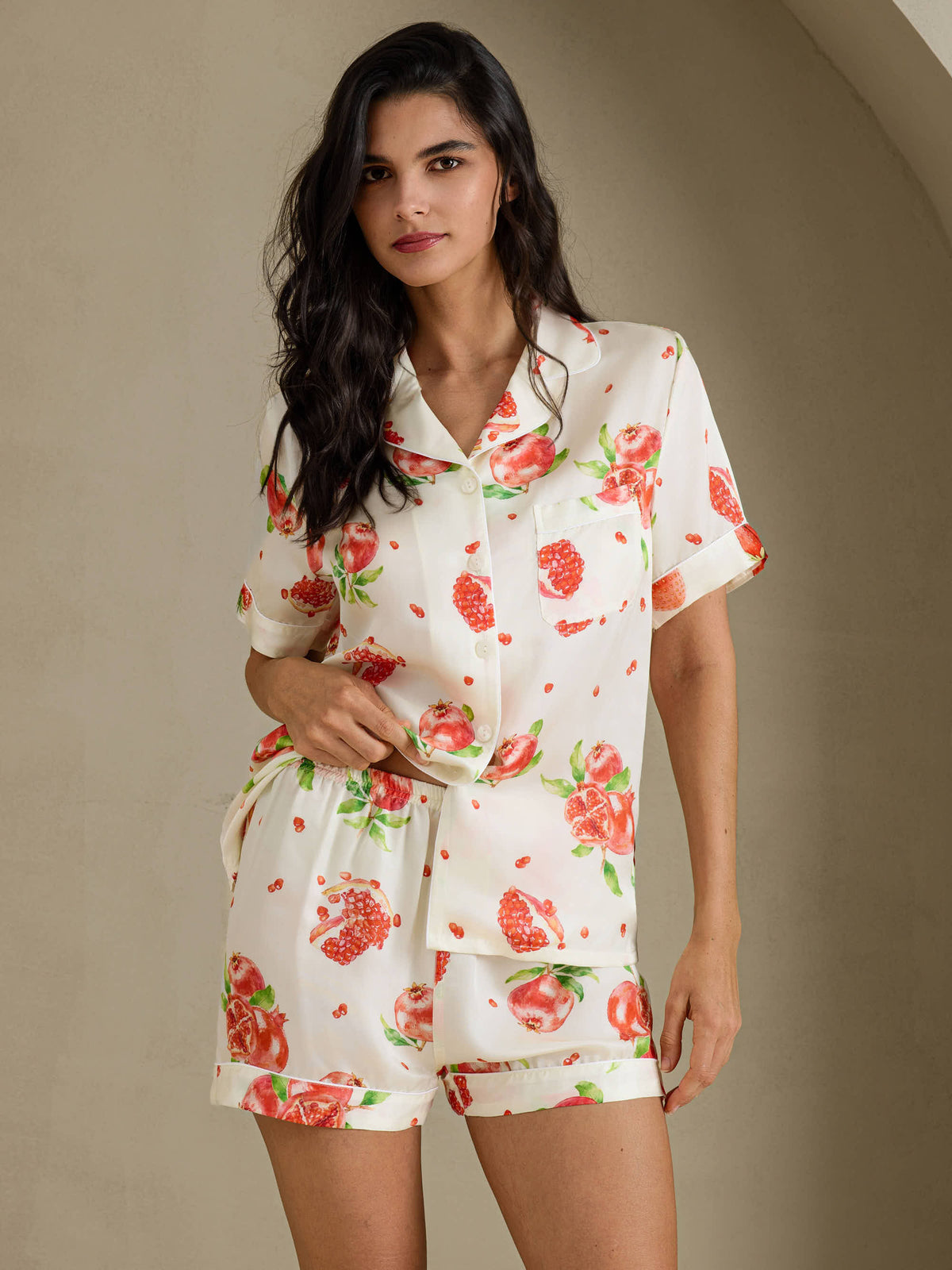 [رمان أبيض] SilkSilky-SA Short Sleeve Notch Collar طقم بيجامة نسائي 001
