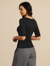 [أسود] SilkSilky-SA Half Sleeve Scoop Neck تي شيرت نسائية 002
