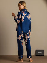 [أزرق غامق] SilkSilky-SA Long Sleeve Lapel Collar طقم بيجامة نسائي 008
