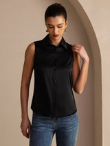 [أسود] SilkSilky-SA Sleeveless Lapel Collar بلايز نسائية 005