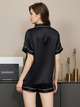 [أسود] SilkSilky-SA Short Sleeve Lapel Collar طقم بيجامة نسائي 002