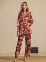[تنين بلون النبيذ] SilkSilky-SA Long Sleeve Lapel Collar طقم بيجامة نسائي 001