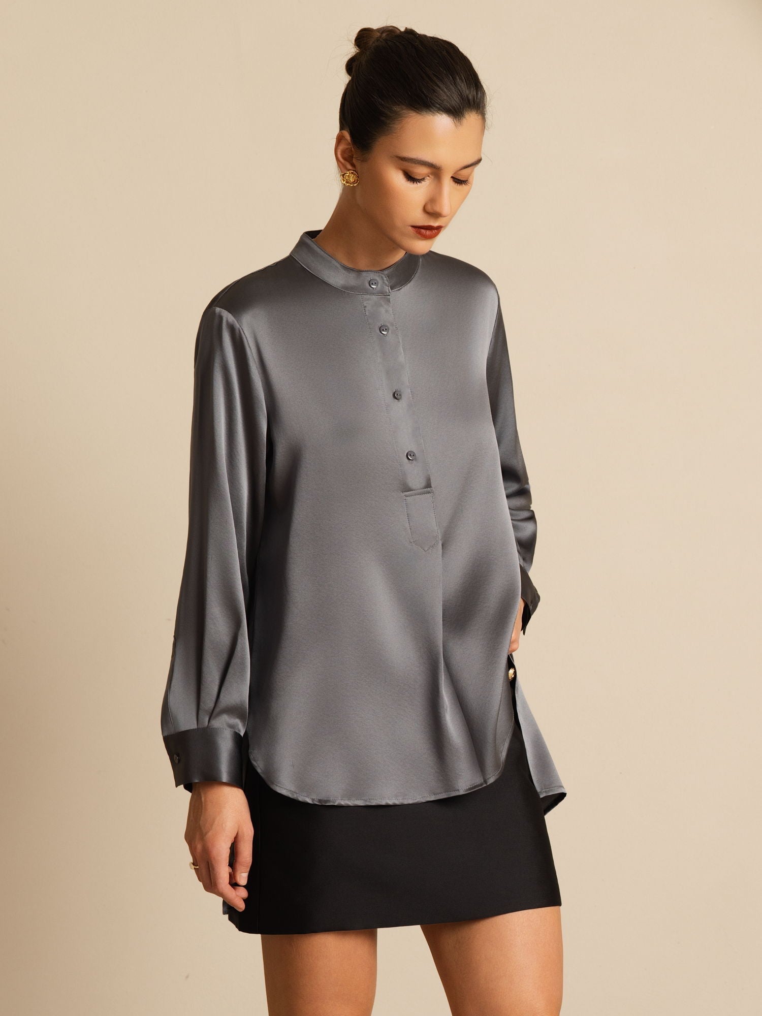 [الرمادي الداكن] SilkSilky-SA 19Momme الحرير الأكمام الطويلة ياقة القاع بلوزة 005