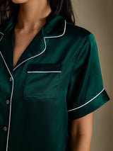[أخضر غامق] SilkSilky-SA Short Sleeve Lapel Collar طقم بيجامة نسائي 004