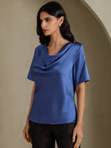 [أزرق بترولي حقيقي] SilkSilky-SA Short Sleeve Cowl Neck بلوزات نسائية 003