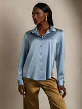 [أزرق رمادي] SilkSilky-SA Long Sleeve Lapel Collar بلايز نسائية 001