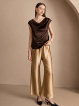 [شوكولاتة داكنة] SilkSilky-SA Cap Sleeve Cowl Neck تي شيرت نسائية 005