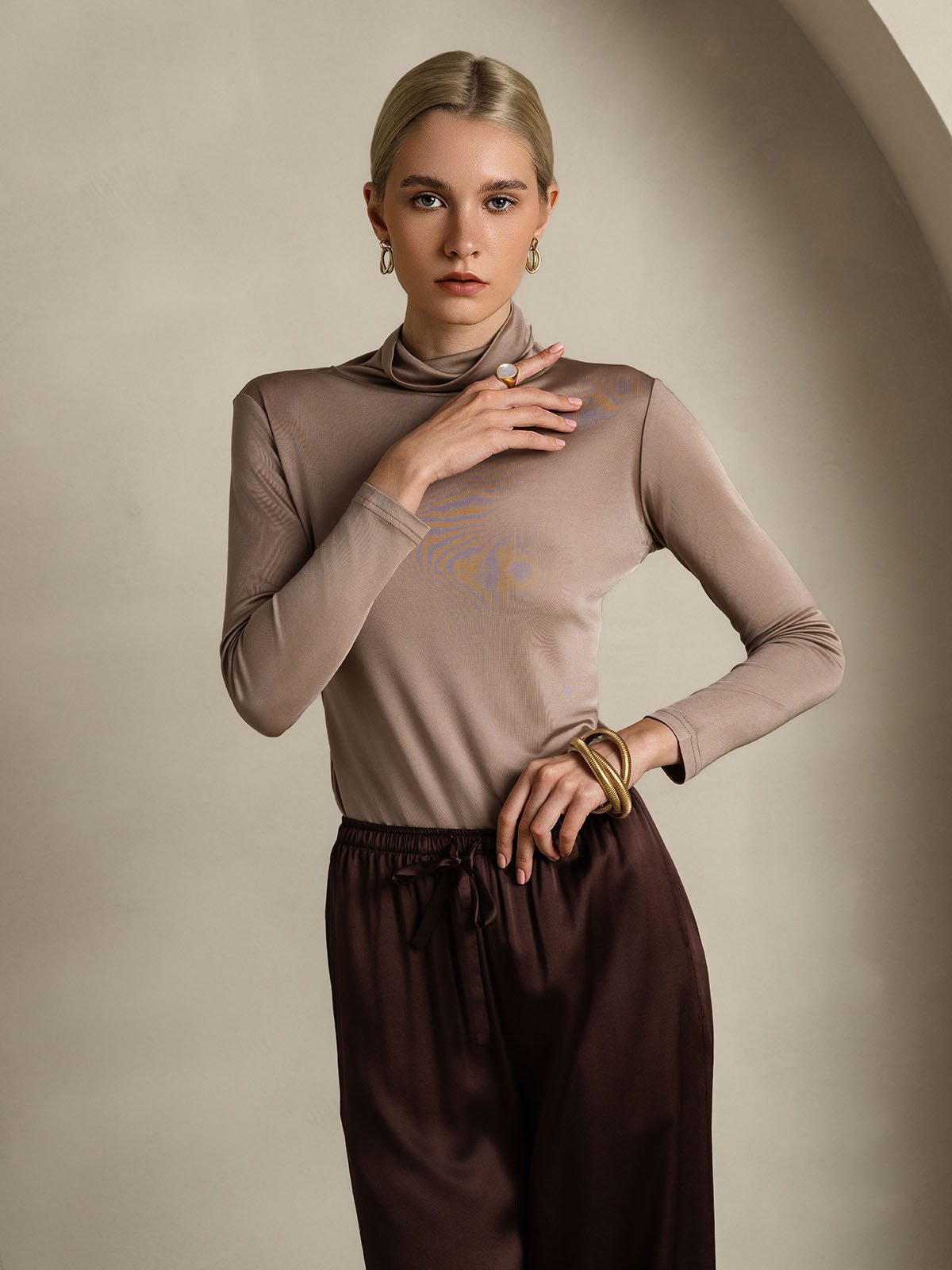 [الكاكي] SilkSilky-SA الأكمام الطويلة ياقة مدورة تي شيرت نسائية 005