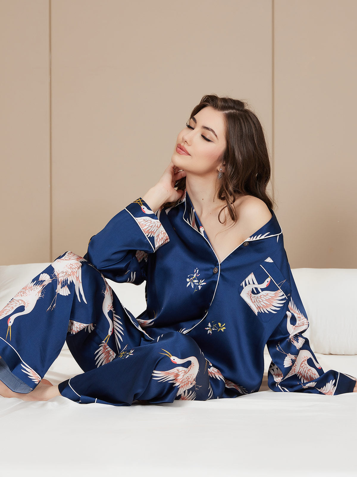 [أزرق غامق] SilkSilky-SA Long Sleeve Lapel Collar طقم بيجامة نسائي 001