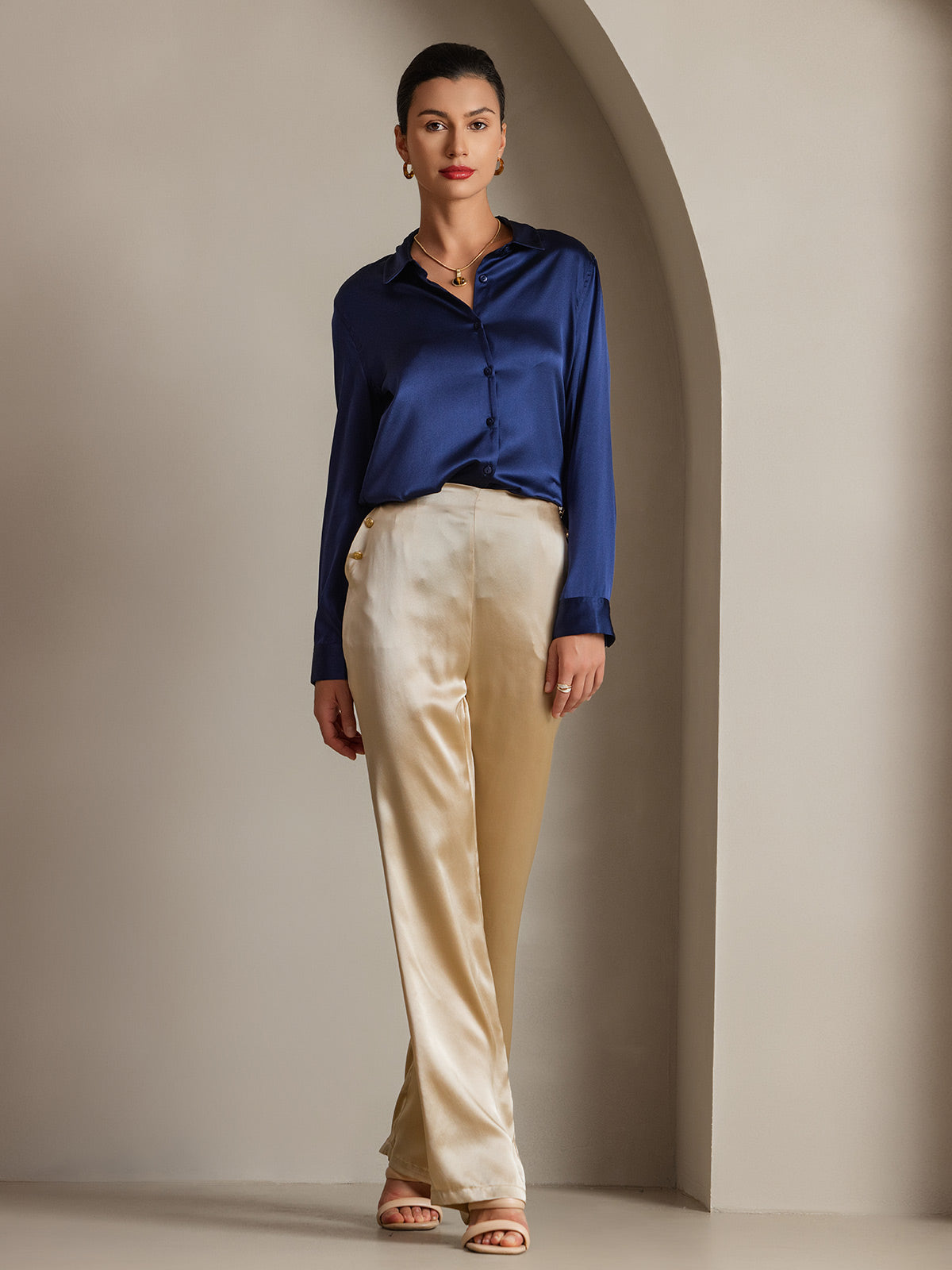 [أزرق غامق] SilkSilky-SA الحرير الأكمام الطويلة الياقة بلايز نسائية 003