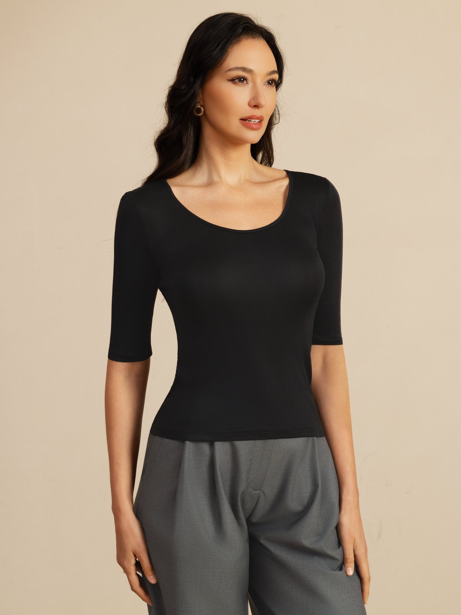 [أسود] SilkSilky-SA Half Sleeve Scoop Neck تي شيرت نسائية 001