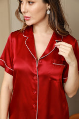 [خمر] SilkSilky-SA Short Sleeve Lapel Collar طقم بيجامة نسائي 008