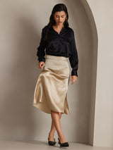 [أسود] SilkSilky-SA Long Sleeve Lapel Collar بلايز نسائية 005